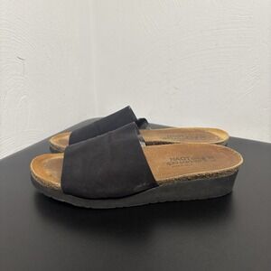 Naot Alana Wedge Sandals Size‎ 39/8 Black Stretch Cork Slides Slip On Shoes